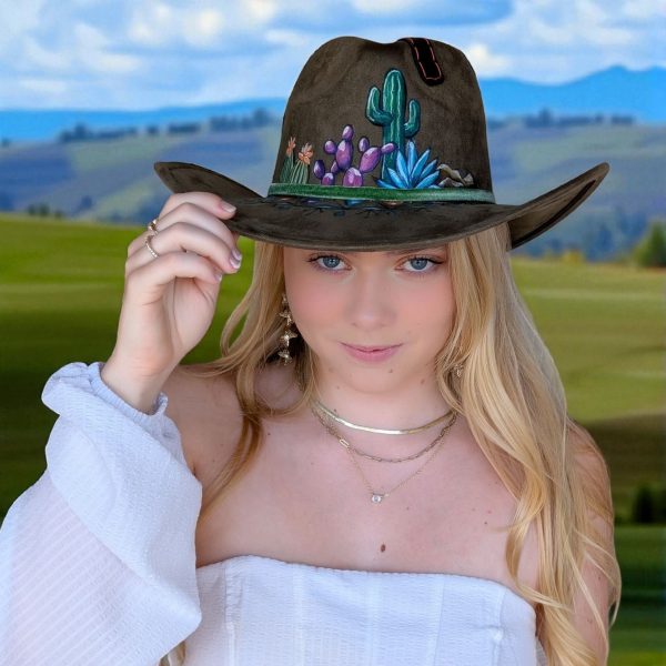 Olive's Green Suede Painted & Patched Hat - L/XL (7 1/4 - 7 3/8) - Image 2