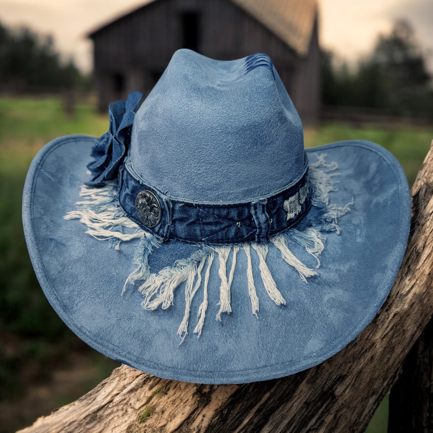 Farah's Frayed Denim Blue Suede Hat - Med (7) - Image 2