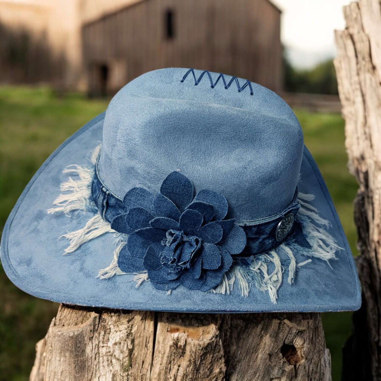 Farah's Frayed Denim Blue Suede Hat - Med (7) - Image 6